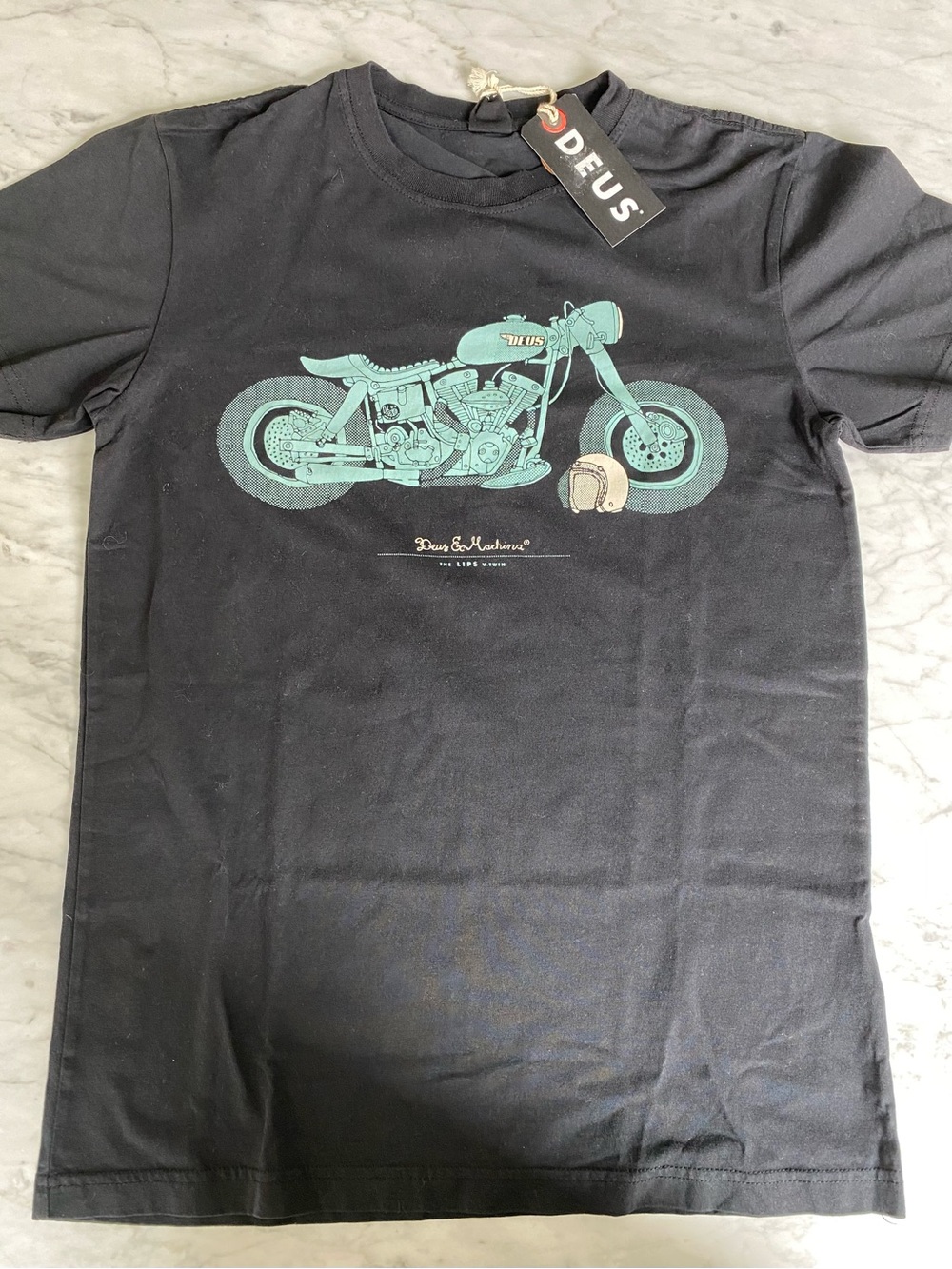 Deus Ex Machina Milano Black Tee with Mint Motorcycle graphic
